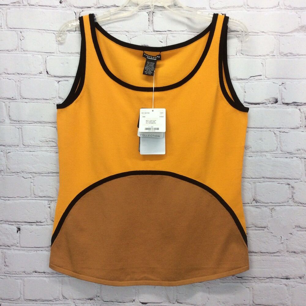 Don Caster Collection Womens Tank Top Sz M Mustard/Brown Color Block Black Trim